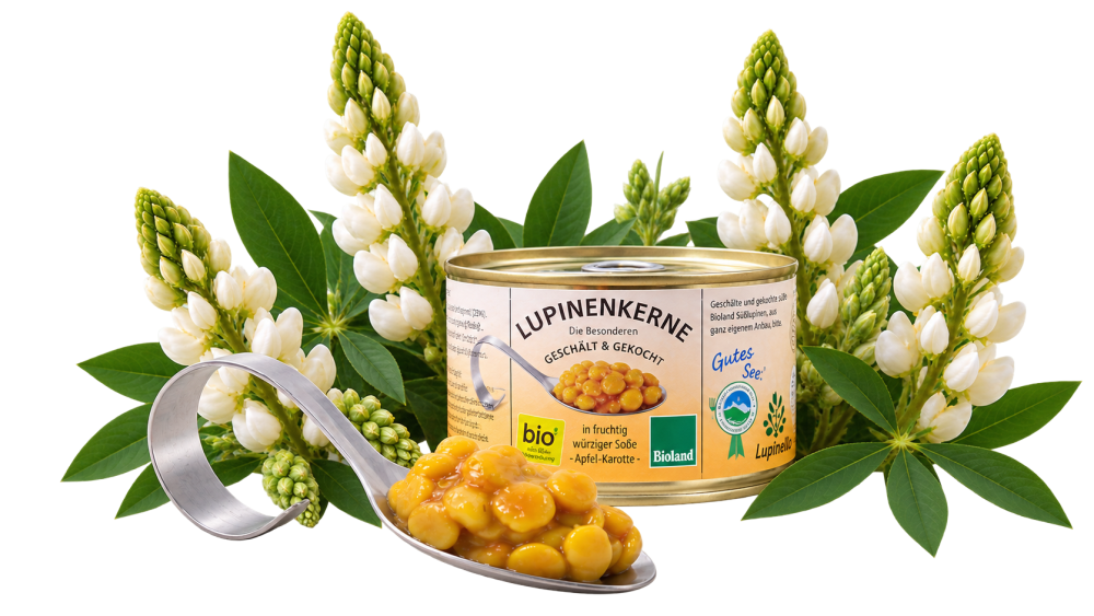 Bioland Lupinenkerne gekocht in fruchtig würziger Apfel-Karotten-Soße 360g Dose