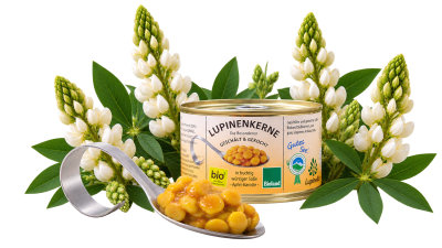 Bioland Lupinenkerne gekocht in fruchtig würziger Apfel-Karotten-Soße 360g Dose